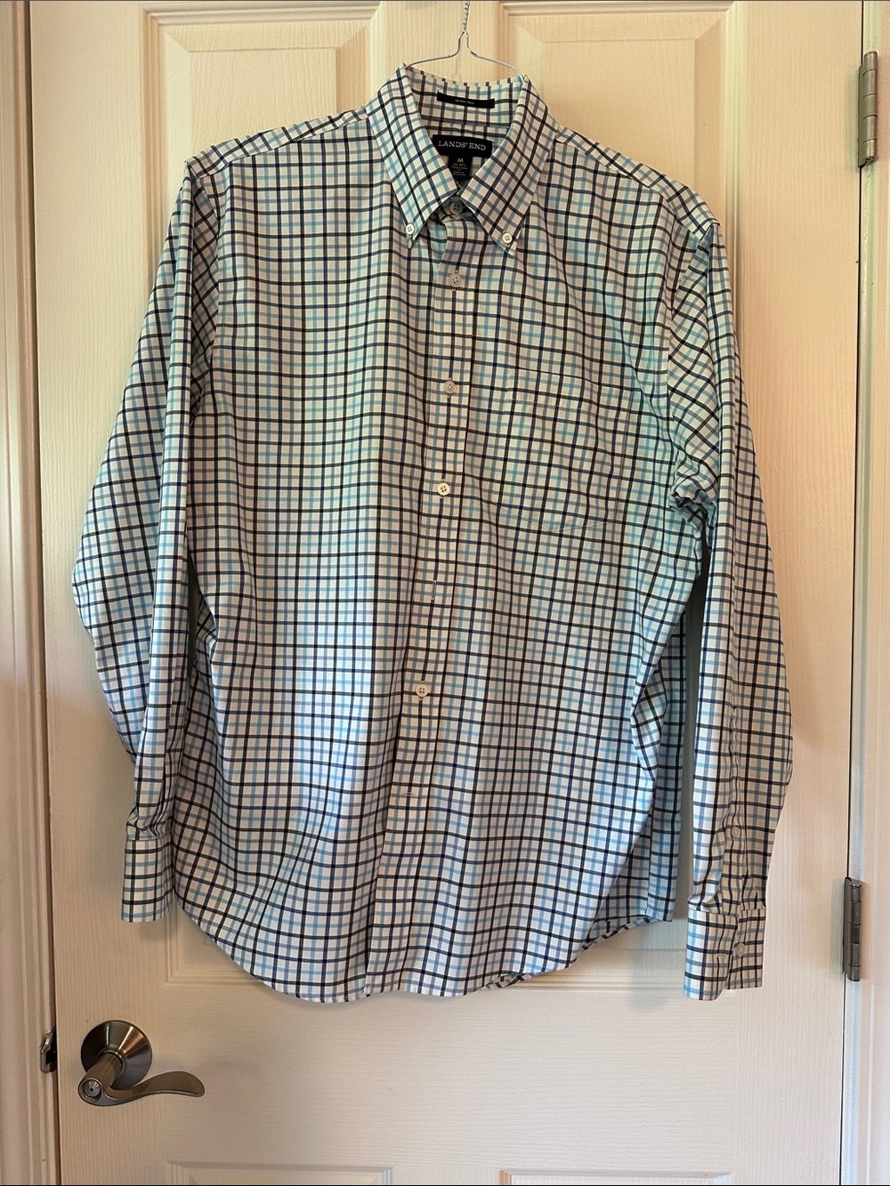 Lands' End Men's Blue & White Windowpane Button-Down Dress Shirt